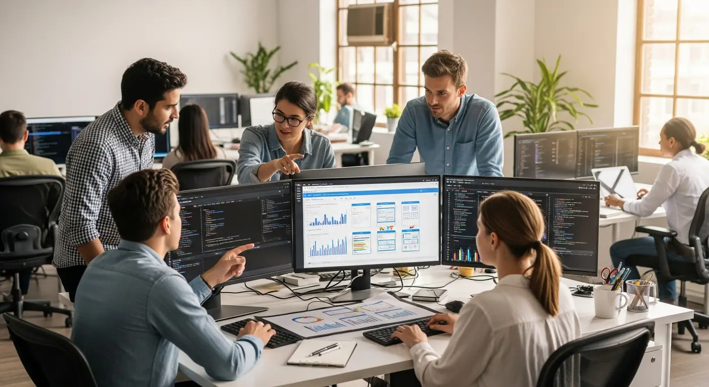Équipe startup collaborant sur du code