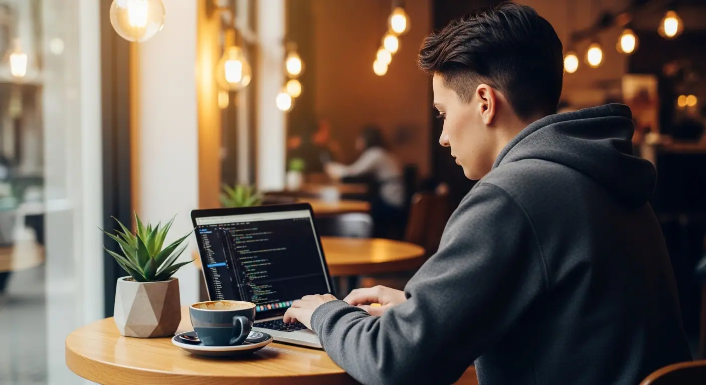Développeur freelance travaillant depuis un café